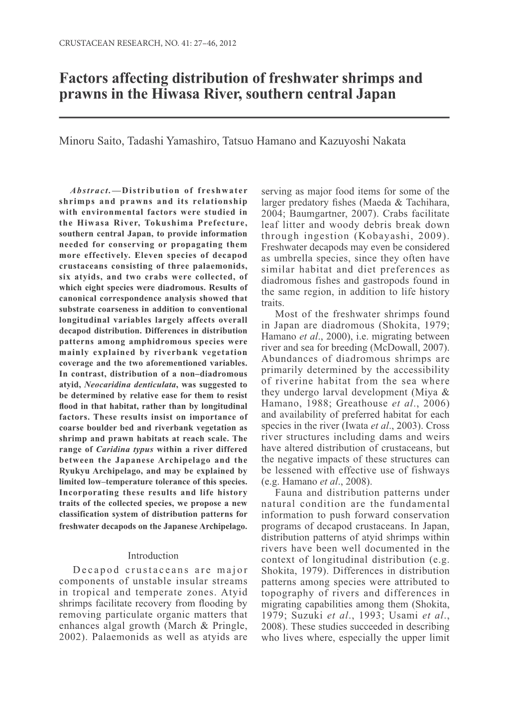 Factors Affecting Distribution of Freshwater Shrimps and Prawns in the Hiwasa River, Southern Central Japan