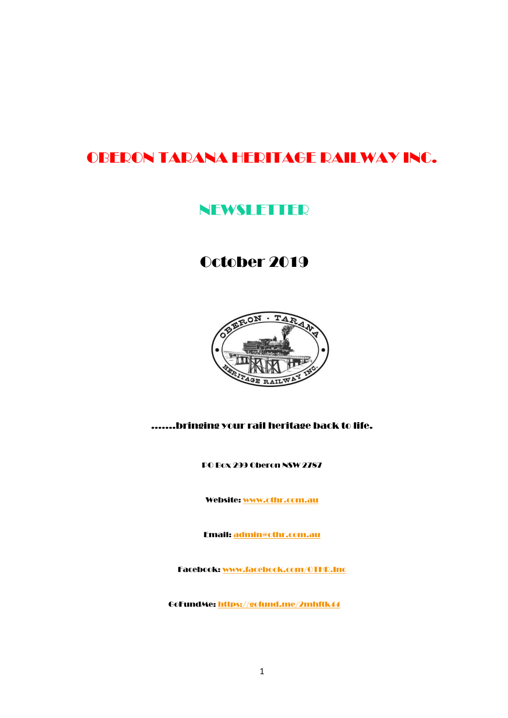 Oberon Tarana Heritage Railway Inc. Newsletter
