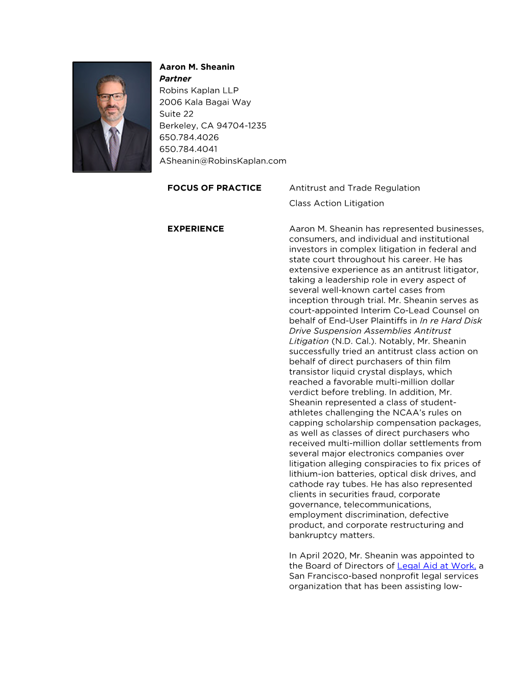 Aaron M. Sheanin Partner Robins Kaplan LLP 2006 Kala Bagai Way Suite 22 Berkeley, CA 94704-1235 650.784.4026 650.784.4041 Asheanin@Robinskaplan.Com