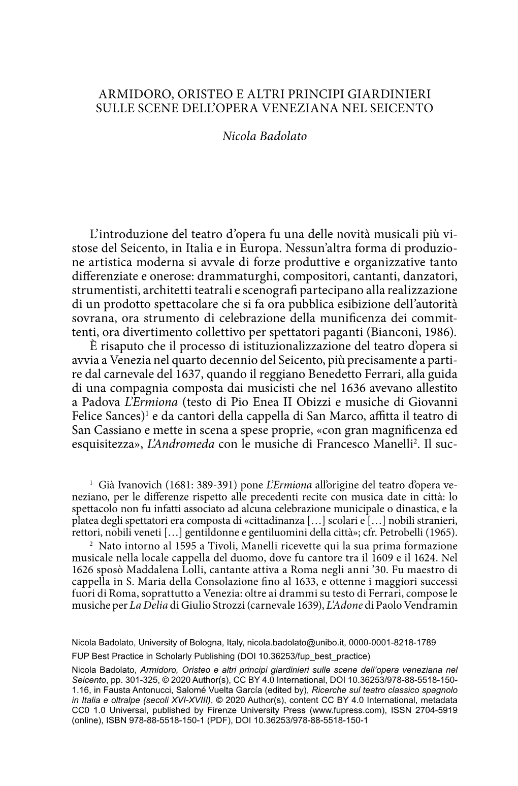 Armidoro, Oristeo E Altri Principi Giardinieri Sulle Scene Dell’Opera Veneziana Nel Seicento