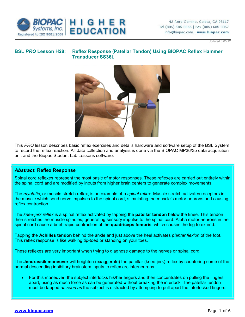 Patellar Tendon) Using BIOPAC Reflex Hammer Transducer SS36L