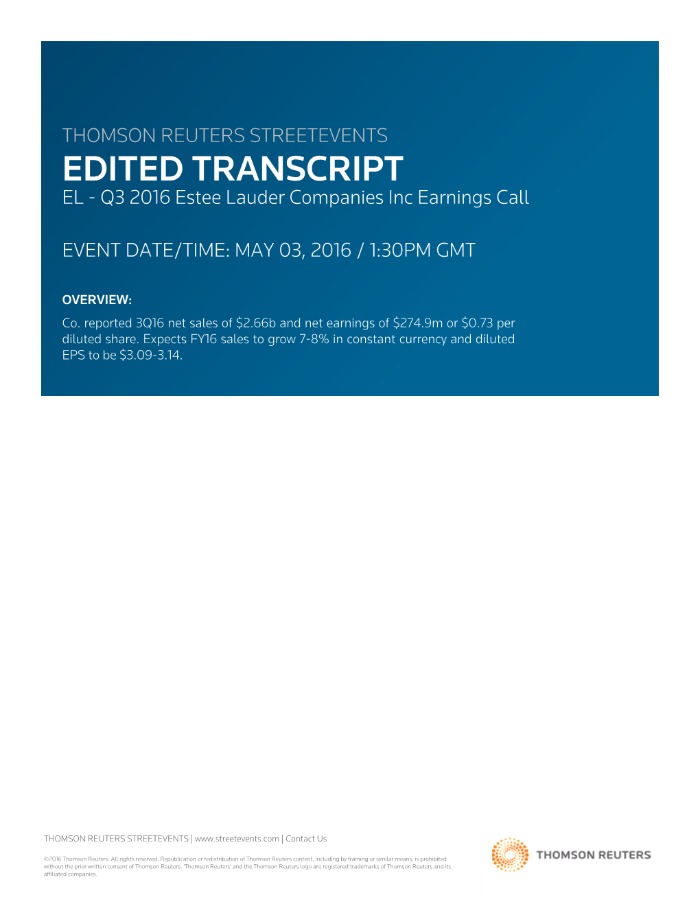 Q3 2016 Estee Lauder Companies Inc Earnings Call EVENT DATE/TIME