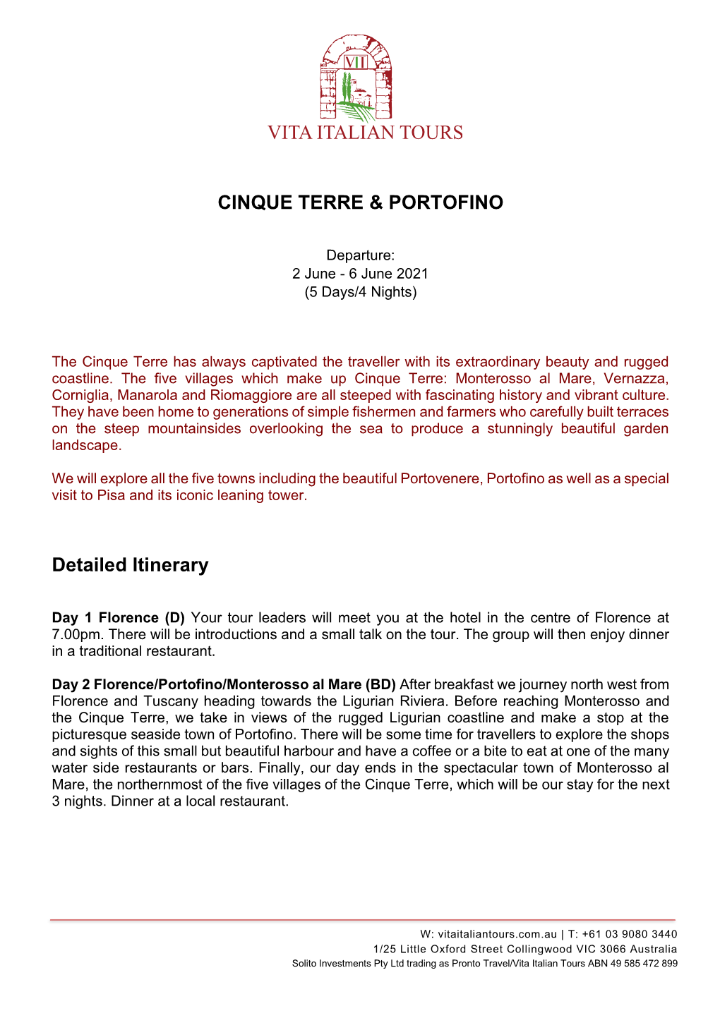CINQUE TERRE & PORTOFINO Detailed Itinerary