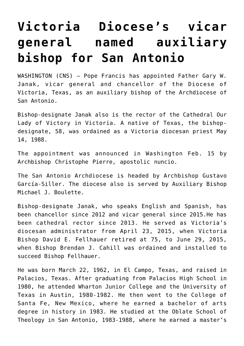 S Vicar General Named Auxiliary Bishop for San Antonio