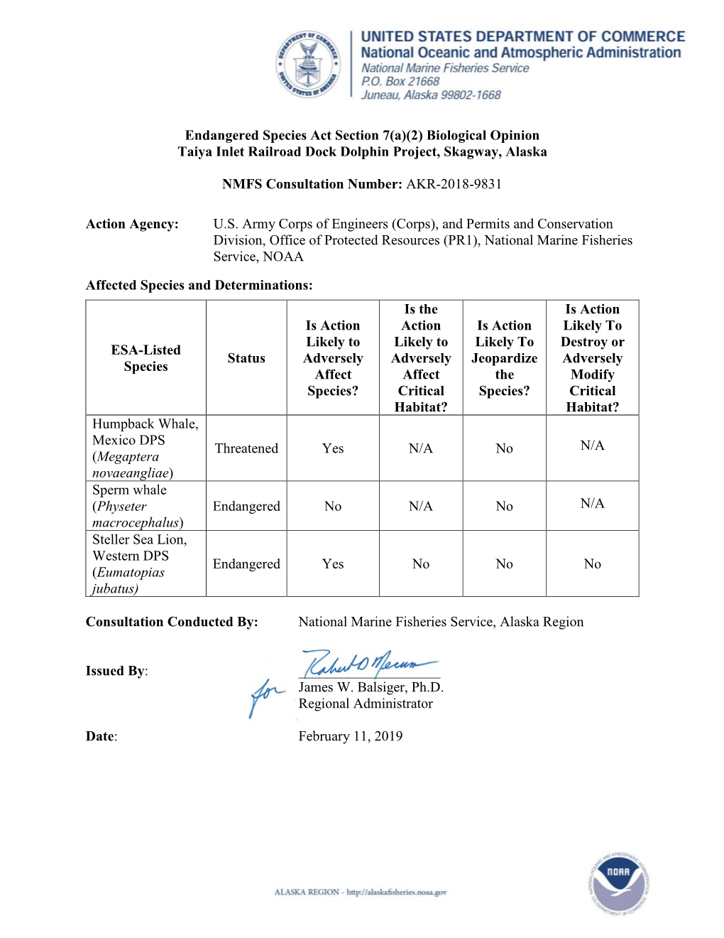 Taiya Inlet Railroad Dock Project and NMFS’S IHA Issuance, 2018 AKR-2018-9831