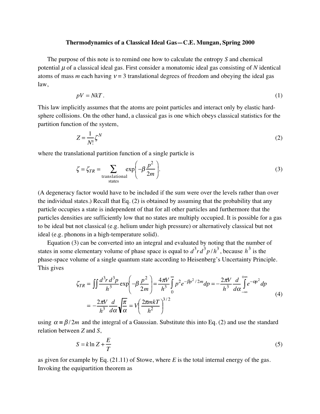 Thermodynamics of a Classical Ideal Gas—CE Mungan, Spring 2000