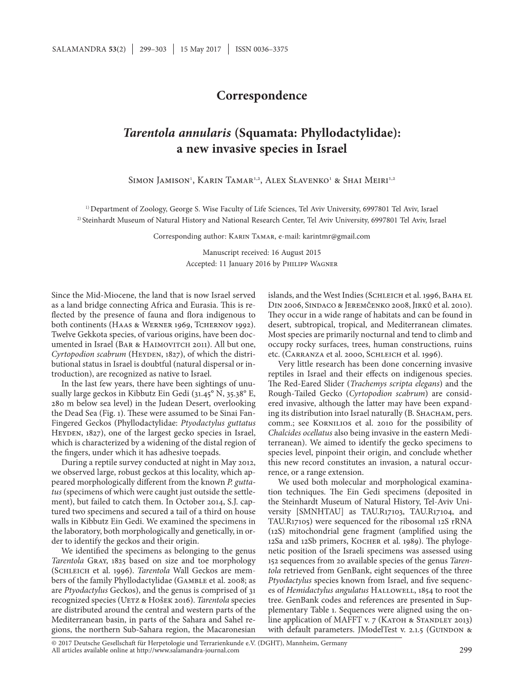 Tarentola Annularis (Squamata: Phyllodactylidae): a New Invasive Species in Israel