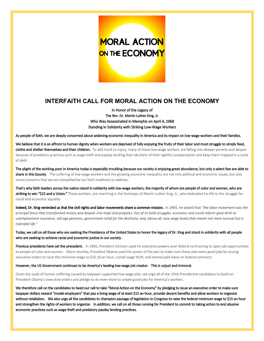 Interfaith Call for Moral Action on the Economy