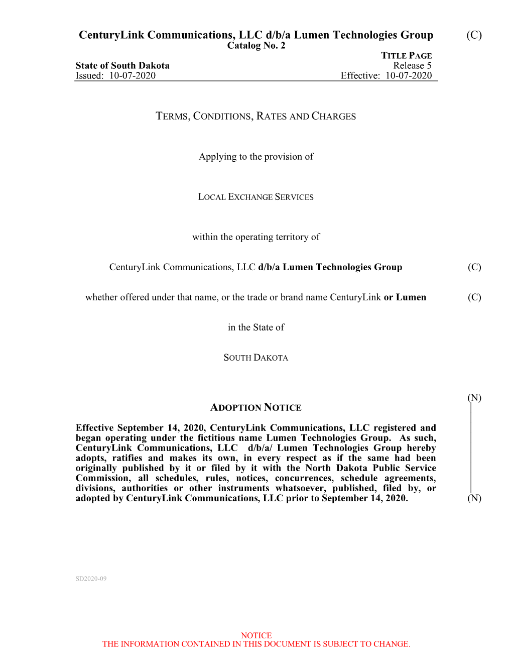Centurylink Communications, LLC D/B/A Lumen Technologies Group (C) Catalog No