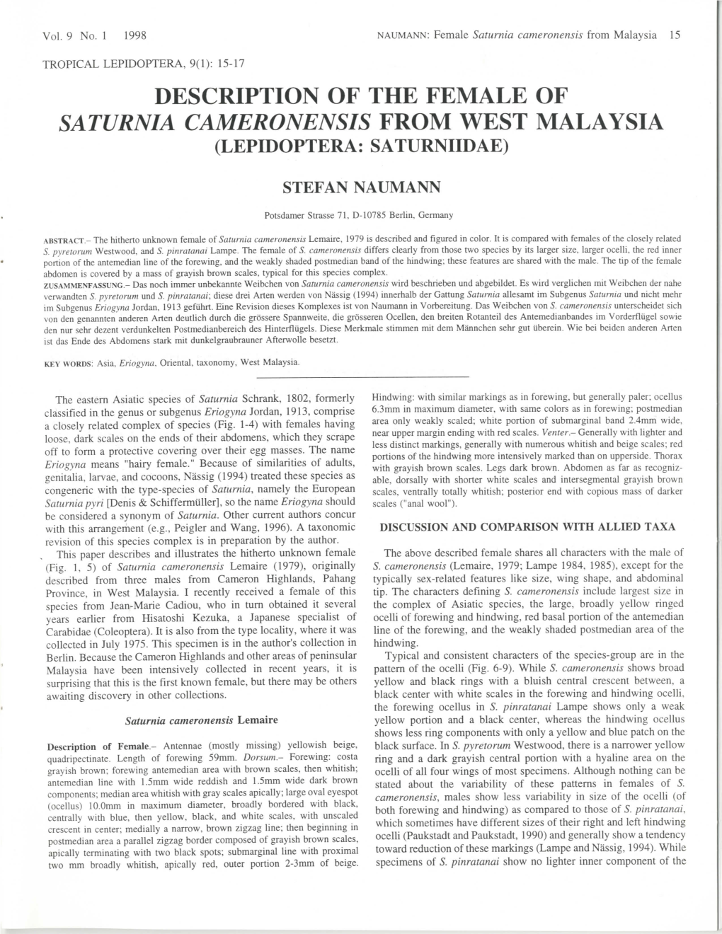 Description of the Female of Saturnia Cameronensis from West Malaysia (Lepidoptera: Saturniidae)