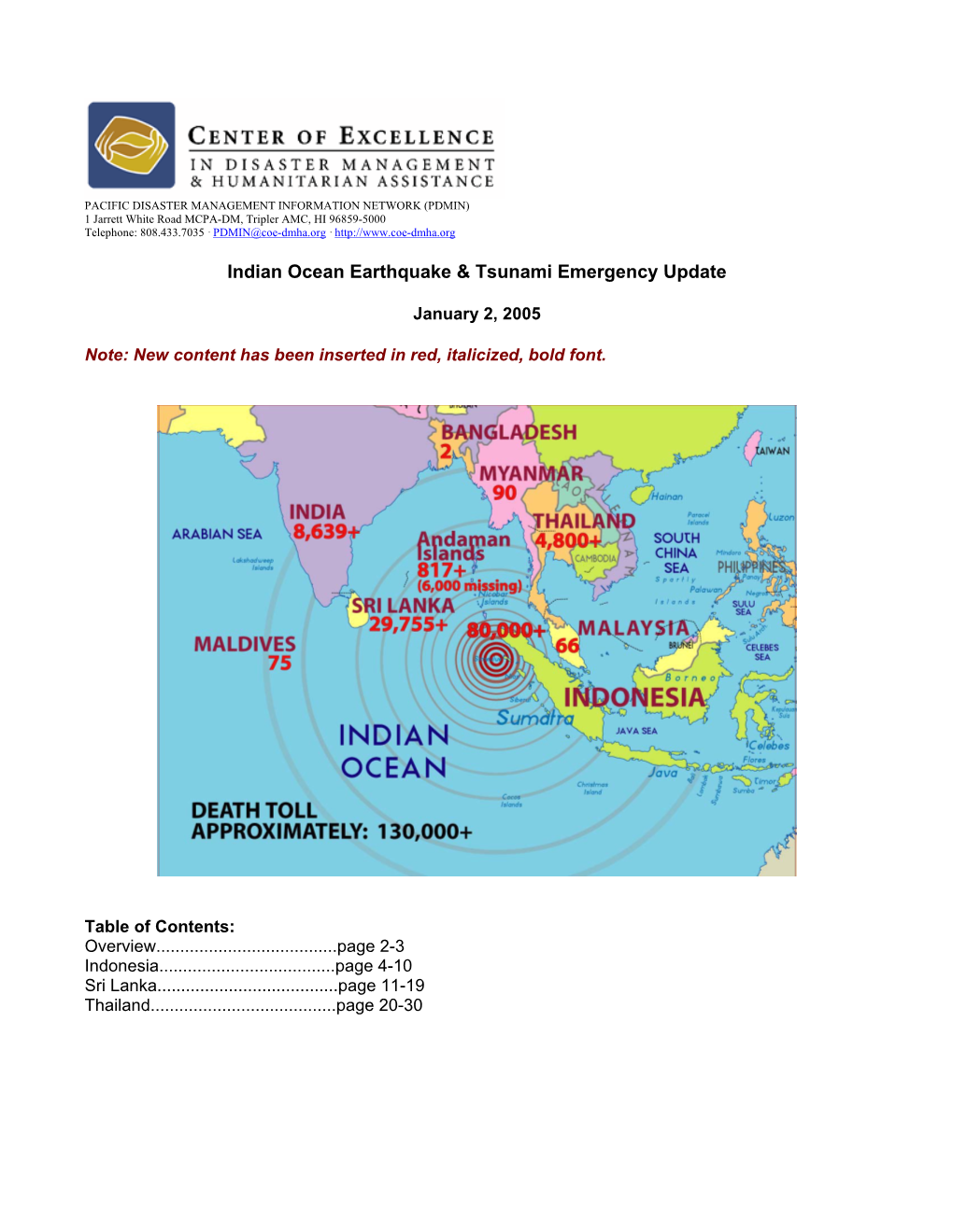 Indian Ocean Earthquake & Tsunami Emergency Update