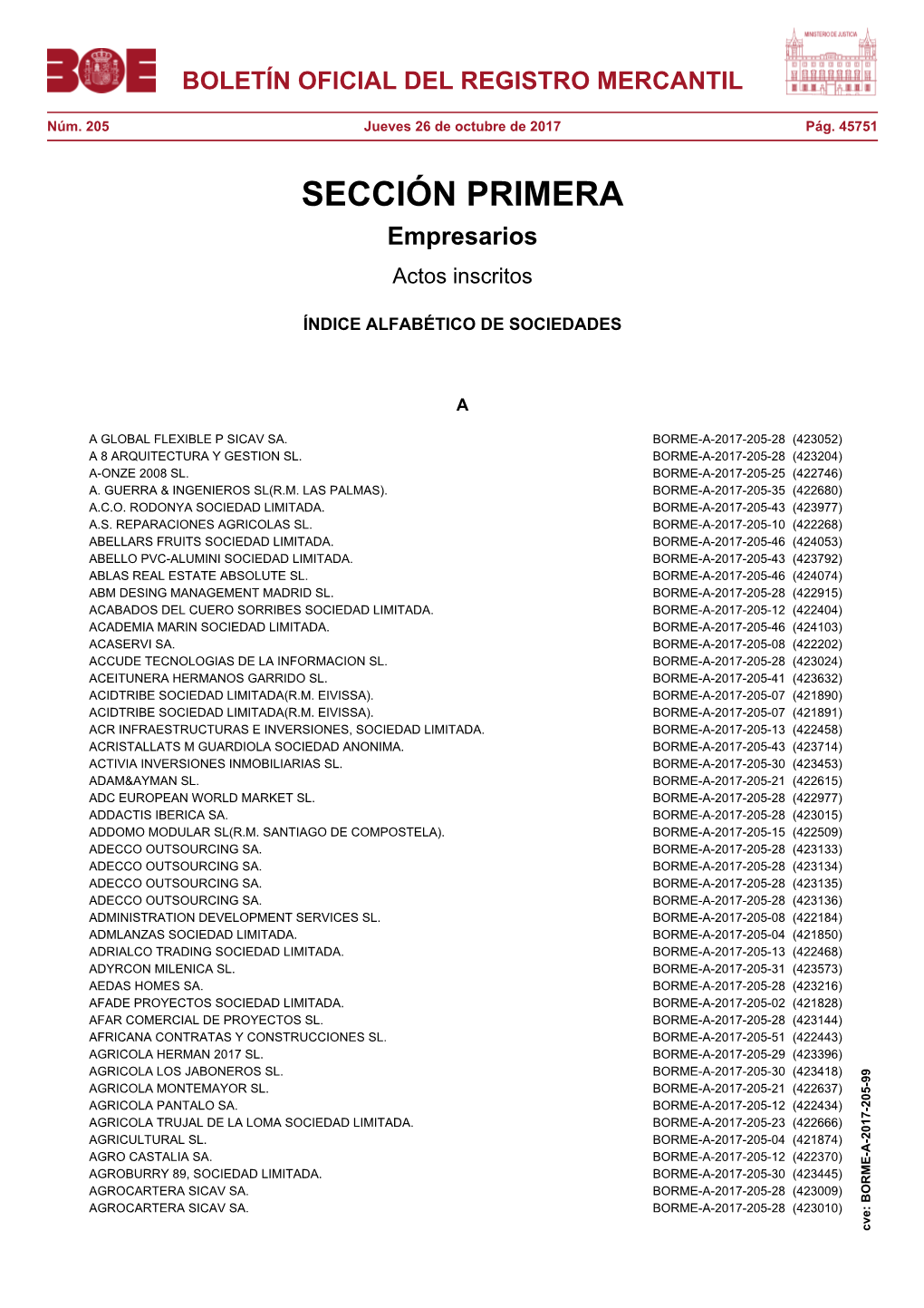 Borme-A-2017-205-99 Boletín Oficial Del Registro Mercantil