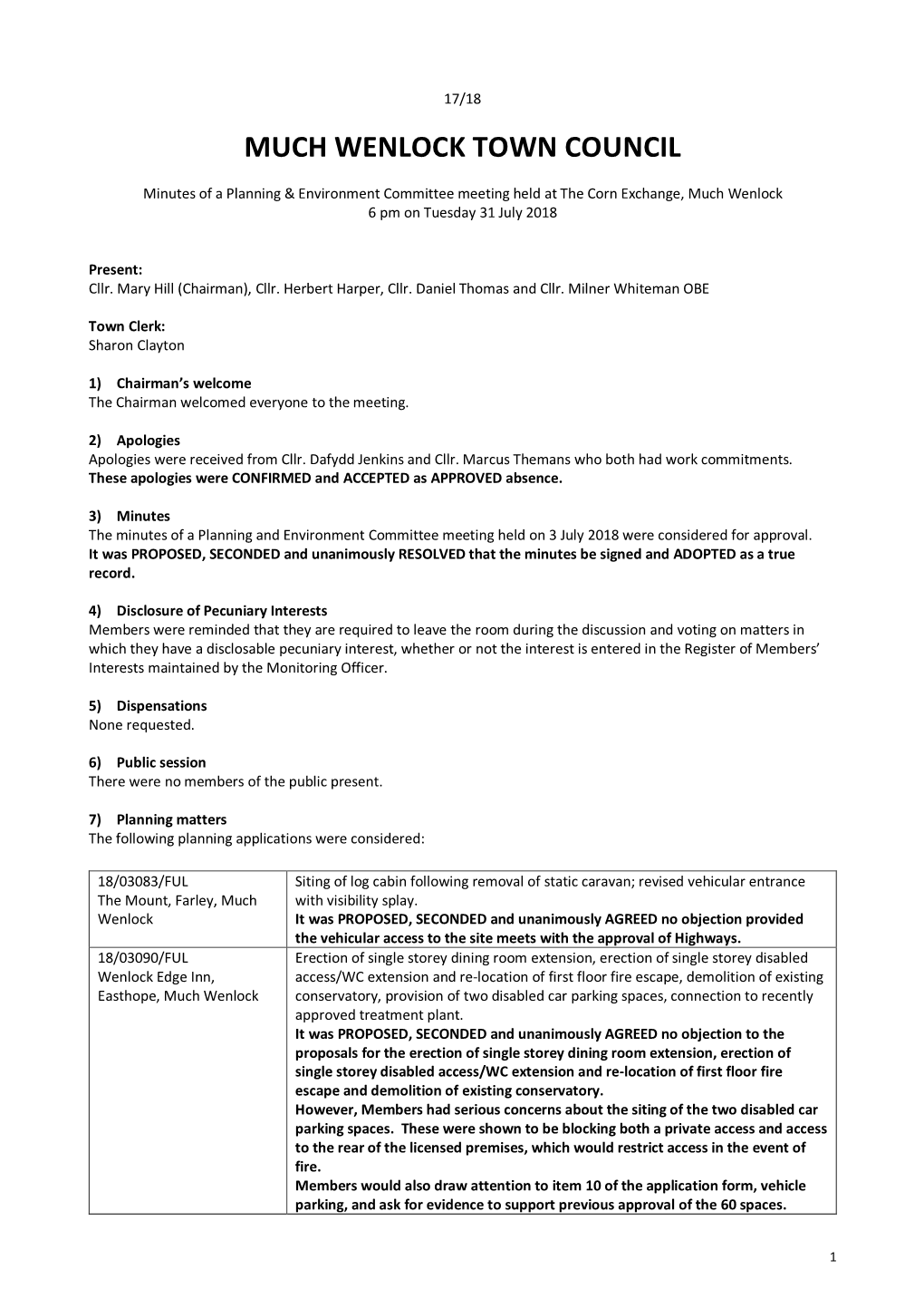 Planning Minutes 31 July 2018