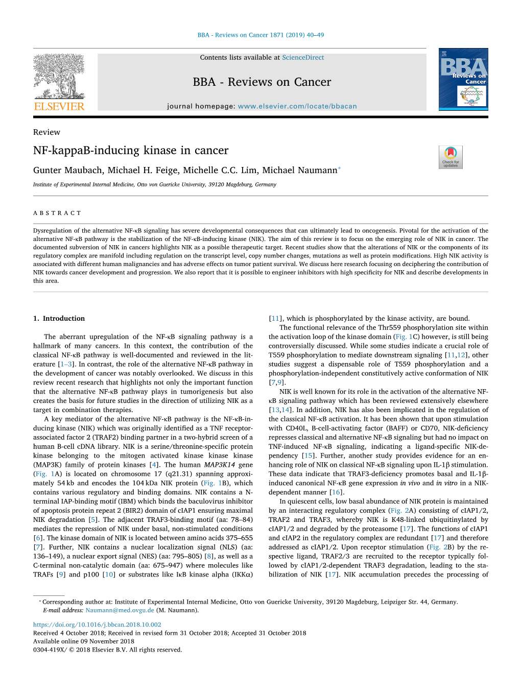 NF-Kappab-Inducing Kinase in Cancer T ⁎ Gunter Maubach, Michael H