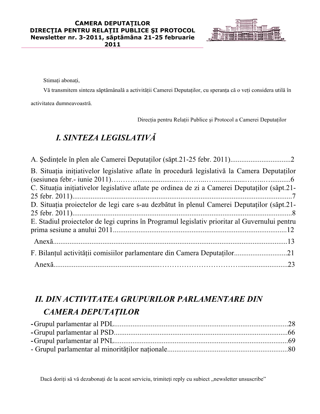 I. Sinteza Legislativă Ii. Din Activitatea Grupurilor