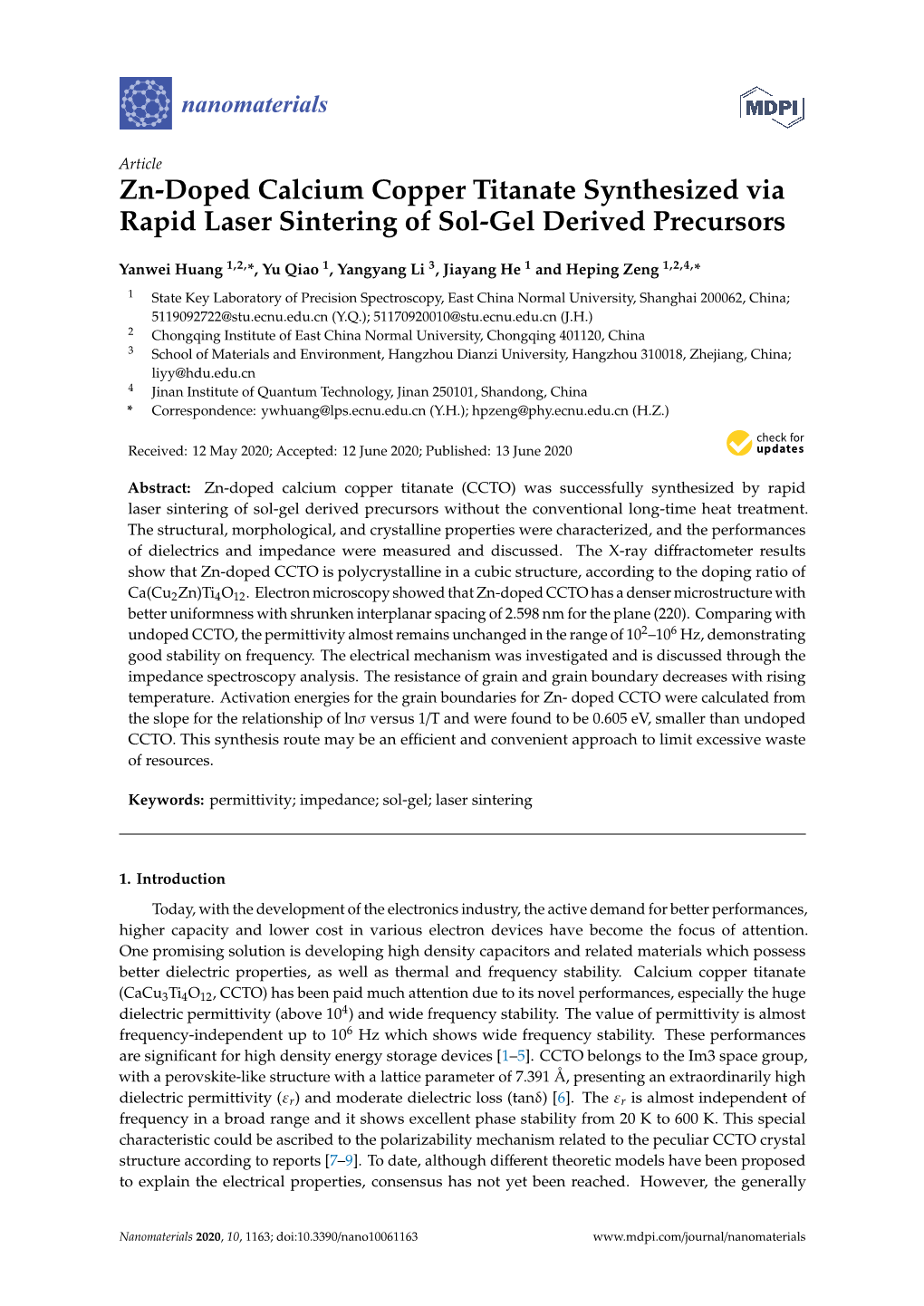 Zn-Doped Calcium Copper Titanate Synthesized Via Rapid Laser Sintering of Sol-Gel Derived Precursors