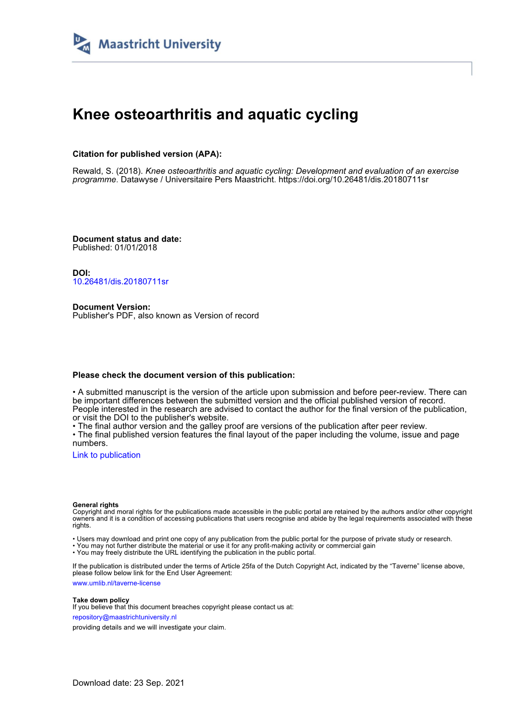 Knee Osteoarthritis and Aquatic Cycling