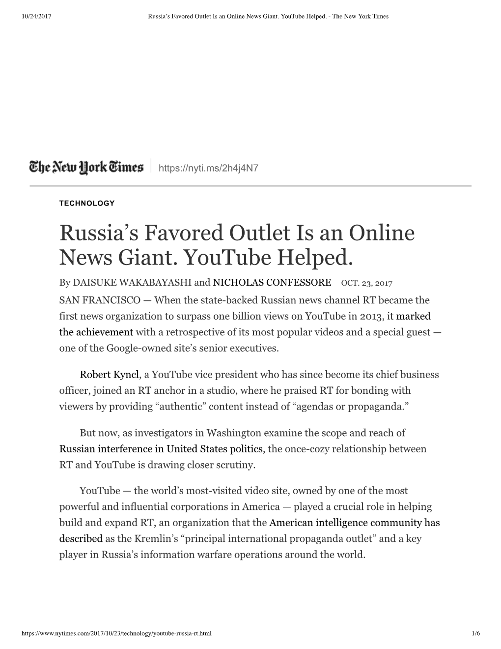 Russia's Favored Outlet Is an Online News Giant. Youtube Helped