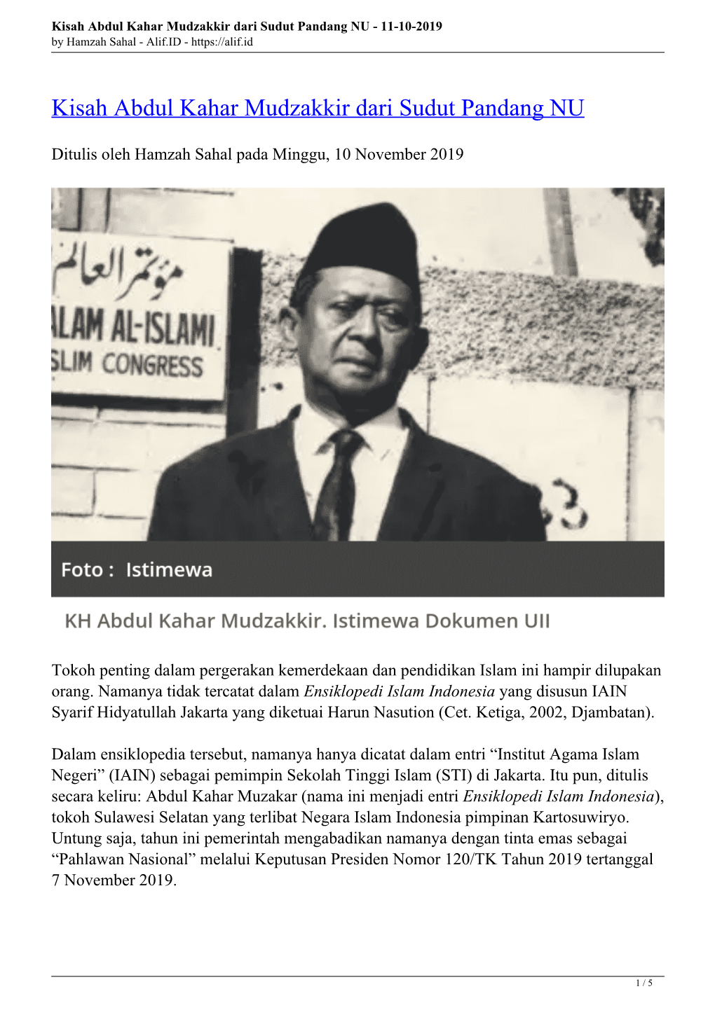 Kisah Abdul Kahar Mudzakkir Dari Sudut Pandang NU - 11-10-2019 by Hamzah Sahal - Alif.ID