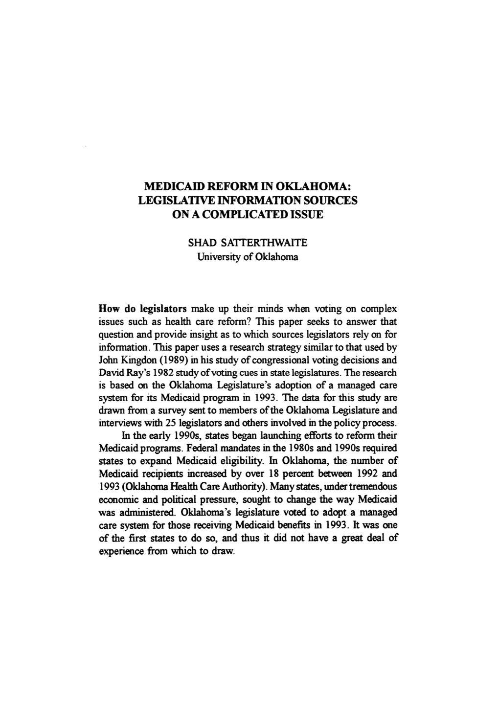 Medicaid Reform in Oklahoma: Legislative Information Sources on a Complicated Issue