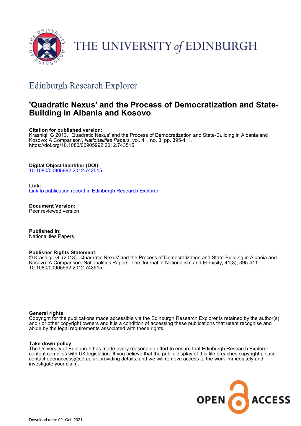 Quadratic Nexus' and the Process of Democratization and State