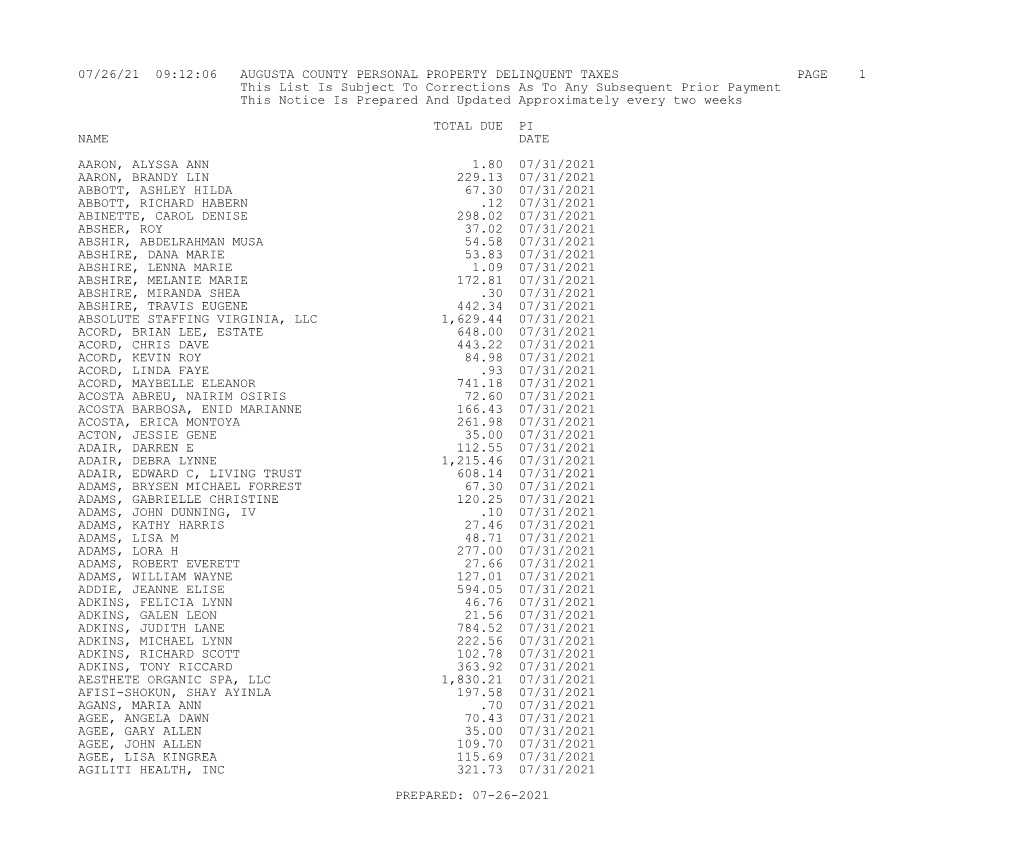 07/26/21 09:12:06 Augusta County Personal Property Delinquent Taxes