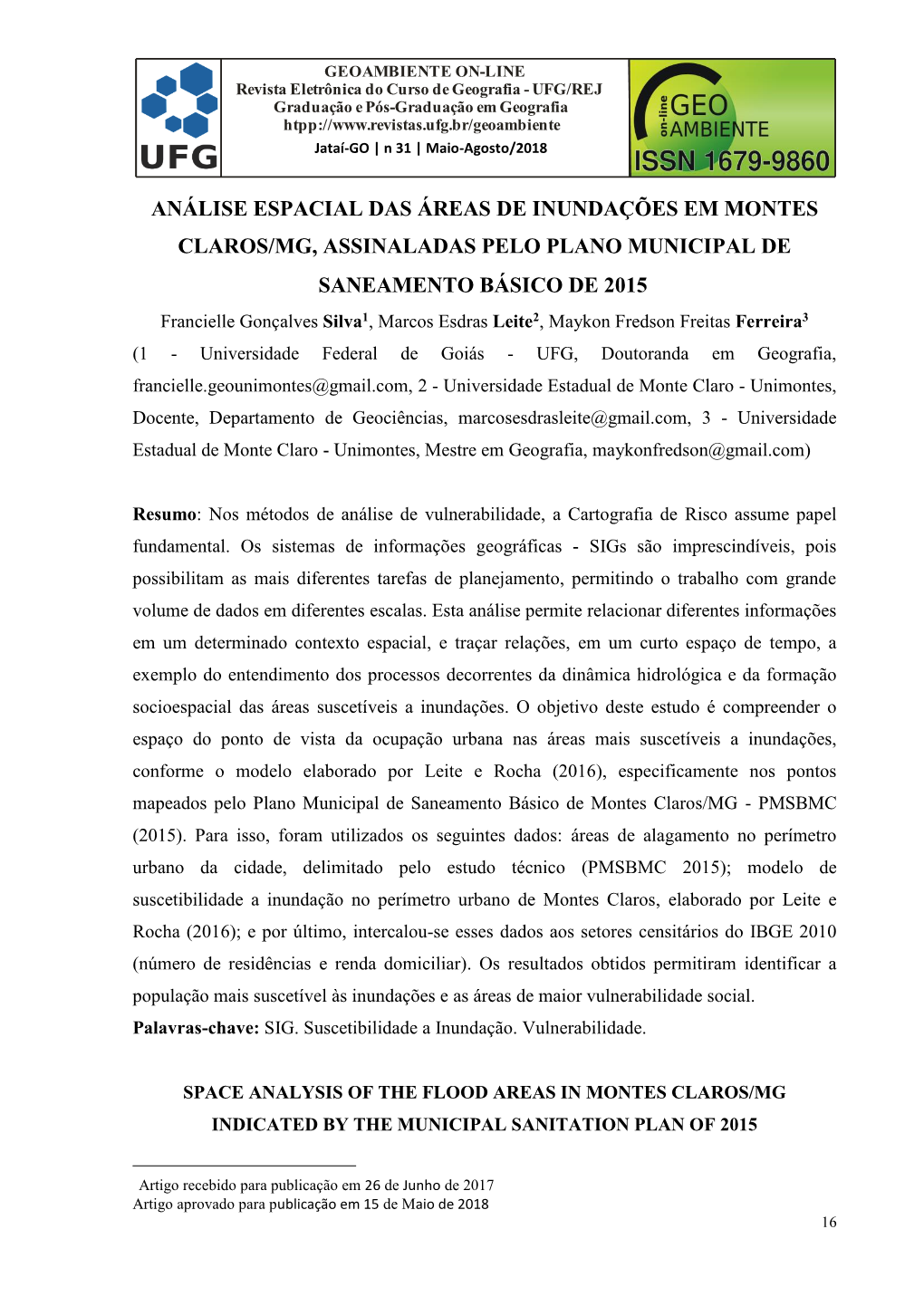 Análise Espacial Das Áreas De Inundações Em Montes Claros/Mg, Assinaladas Pelo Plano Municipal De Saneamento Básico De 2015