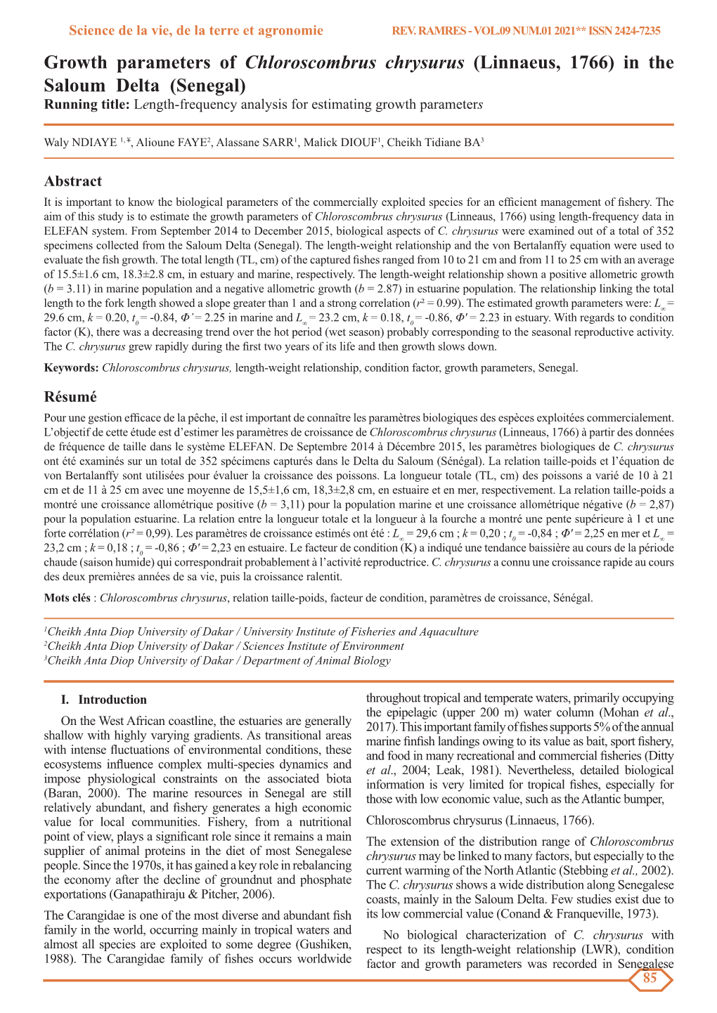 Growth Parameters of Chloroscombrus Chrysurus (Linnaeus, 1766) in the Saloum Delta (Senegal) Running Title: Length-Frequency Analysis for Estimating Growth Parameters