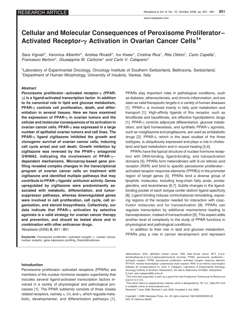 Cellular, Molecular Consequences of Peroxisome Proliferator- Activated