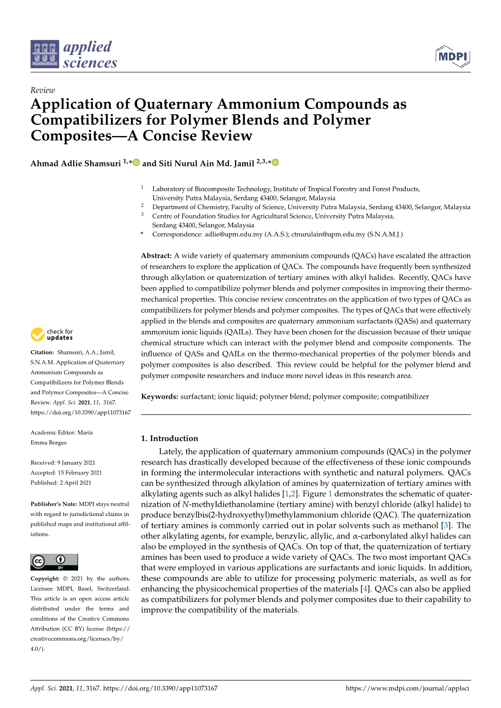 Application of Quaternary Ammonium Compounds As Compatibilizers for Polymer Blends and Polymer Composites—A Concise Review