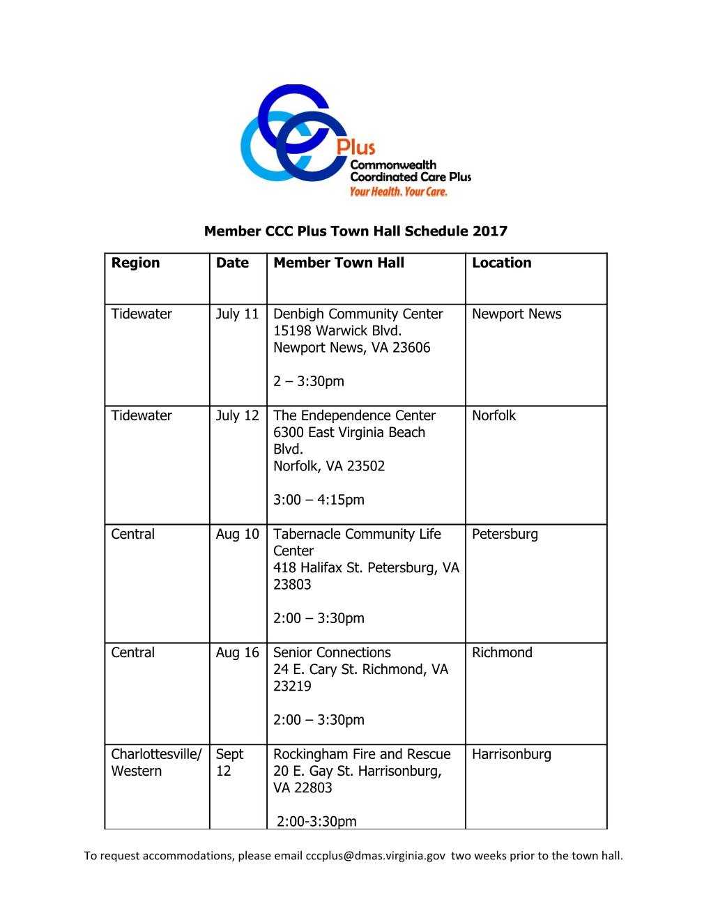 Member CCC Plus Town Hall Schedule 2017