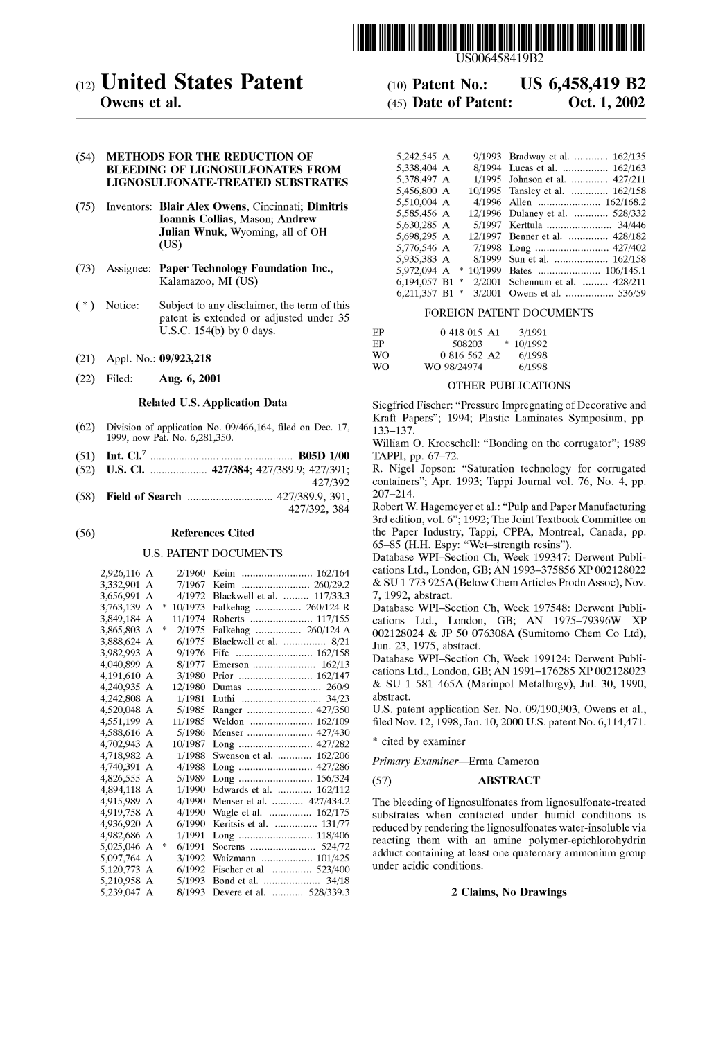 (12) United States Patent (10) Patent No.: US 6,458,419 B2 Owens Et Al