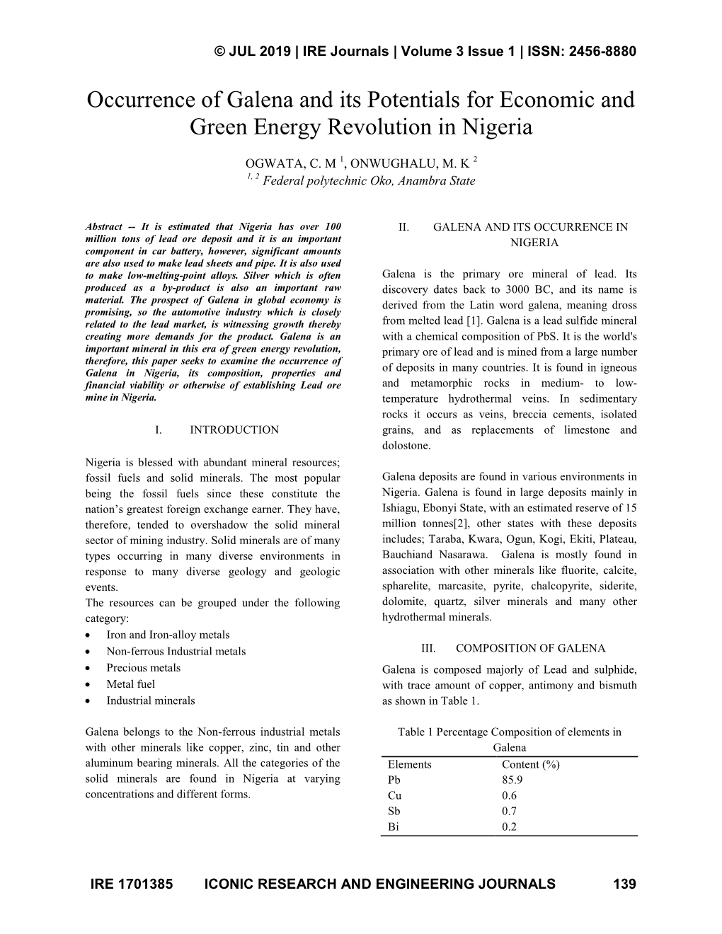 Occurrence of Galena and Its Potentials for Economic and Green Energy Revolution in Nigeria