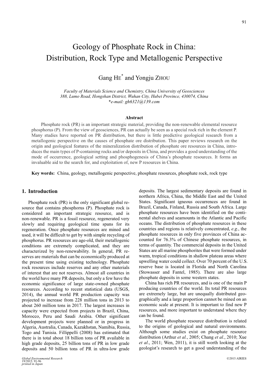 Geology of Phosphate Rock in China: Distribution, Rock Type and Metallogenic Perspective