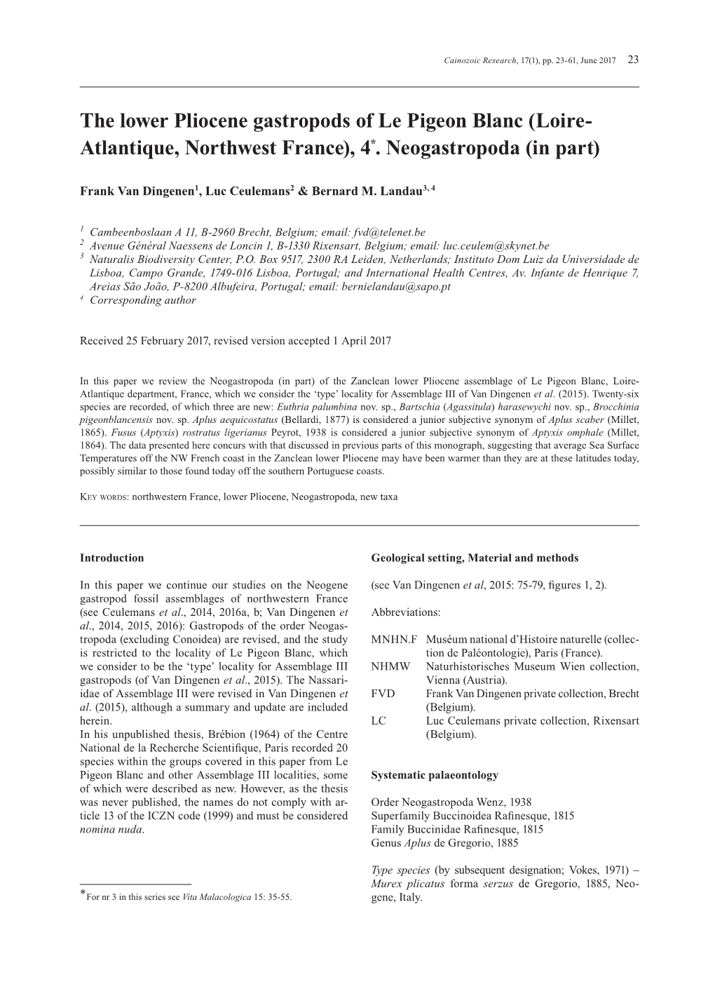 The Lower Pliocene Gastropods of Le Pigeon Blanc (Loire- Atlantique, Northwest France), 4*