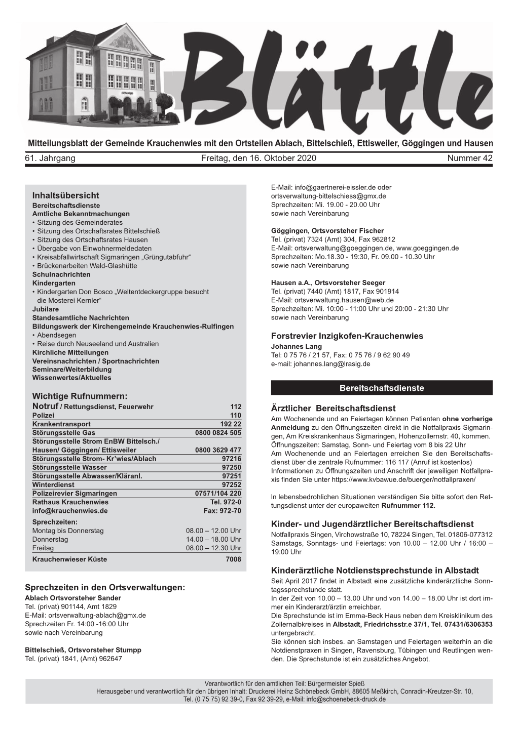 Mitteilungsblatt Der Gemeinde Krauchenwies Mit Den Ortsteilen Ablach, Bittelschieß, Ettisweiler, Göggingen Und Hausen Sprechze