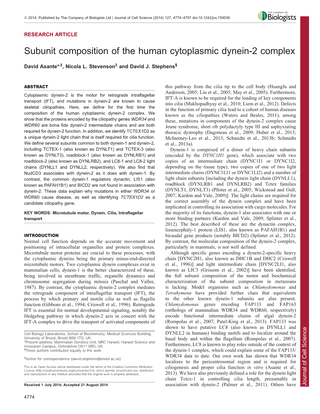 Subunit Composition of the Human Cytoplasmic Dynein-2 Complex