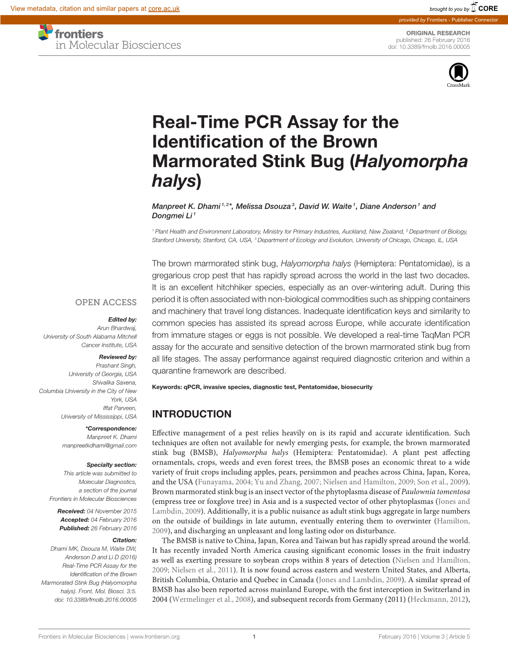 Real-Time PCR Assay for the Identification of the Brown Marmorated Stink Bug (Halyomorpha Halys)