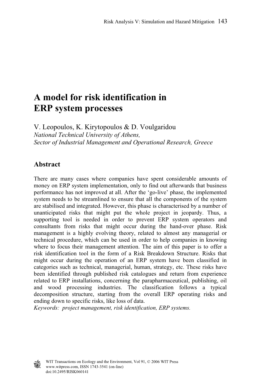 A Model for Risk Identification in ERP System Processes