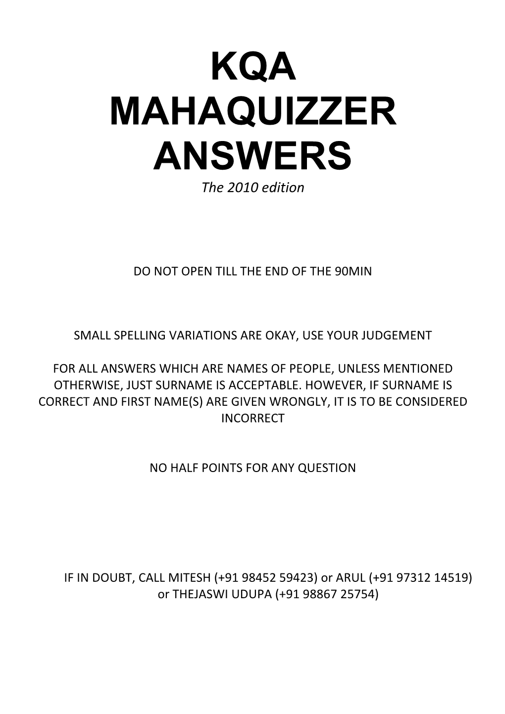 KQA MAHAQUIZZER ANSWERS ����2010��Dition� 