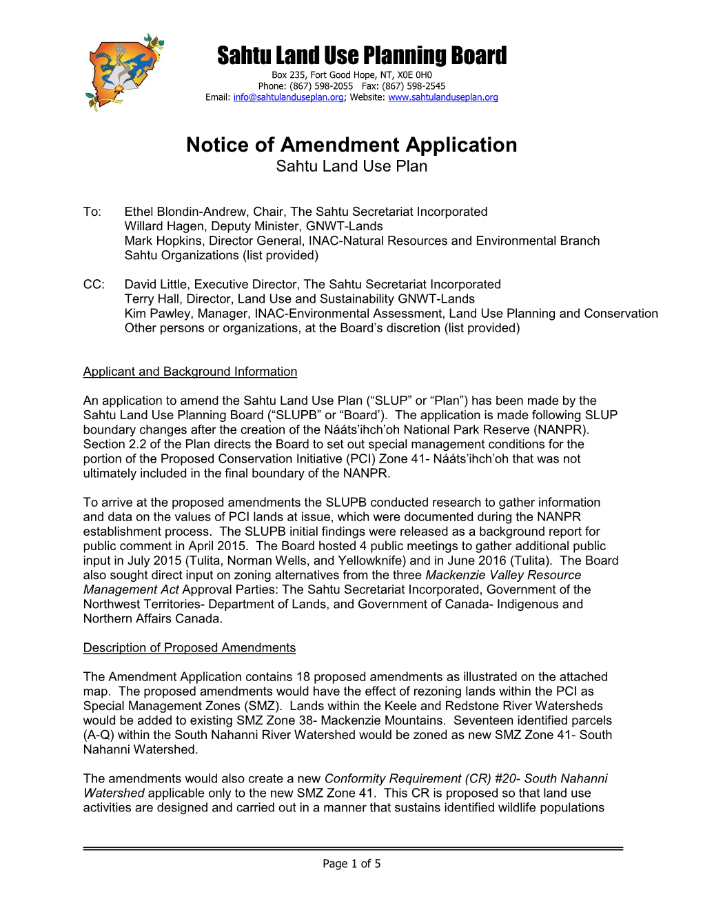 Notice of Amendment Application Sahtu Land Use Plan