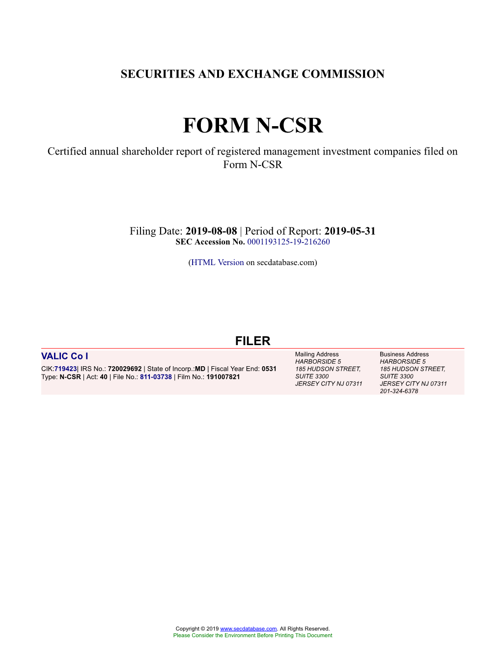 VALIC Co I Form N-CSR Filed 2019-08-08