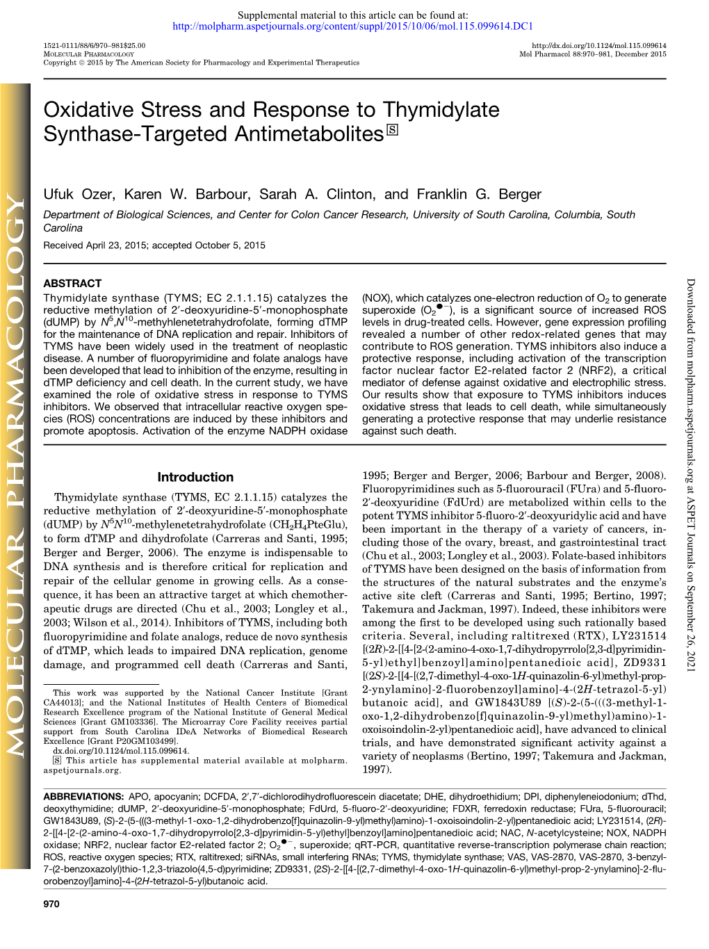 Oxidative Stress and Response to Thymidylate Synthase-Targeted Antimetabolites S
