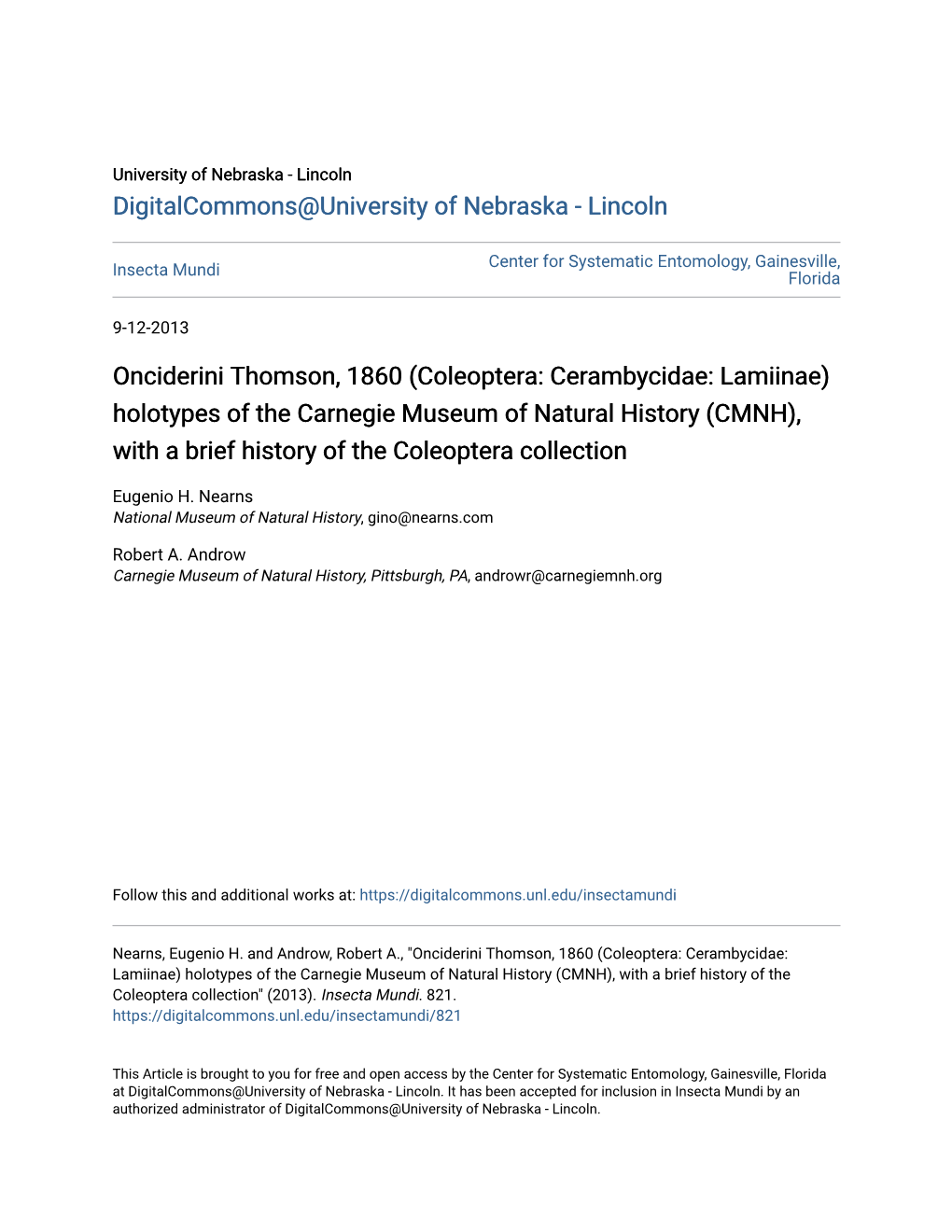 Coleoptera: Cerambycidae: Lamiinae) Holotypes of the Carnegie Museum of Natural History (CMNH), with a Brief History of the Coleoptera Collection