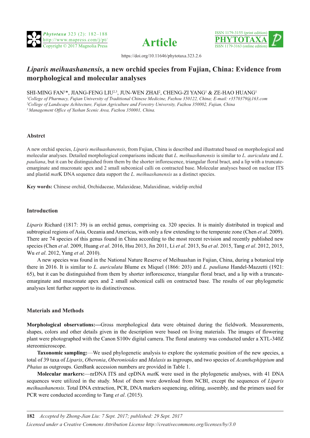 Liparis Meihuashanensis, a New Orchid Species from Fujian, China: Evidence from Morphological and Molecular Analyses