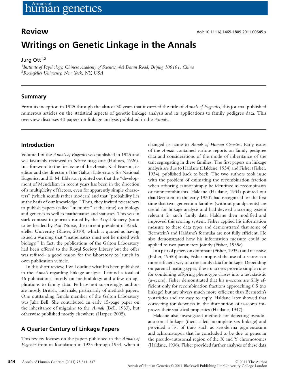 Review Doi: 10.1111/J.1469-1809.2011.00645.X Writings on Genetic Linkage in the Annals