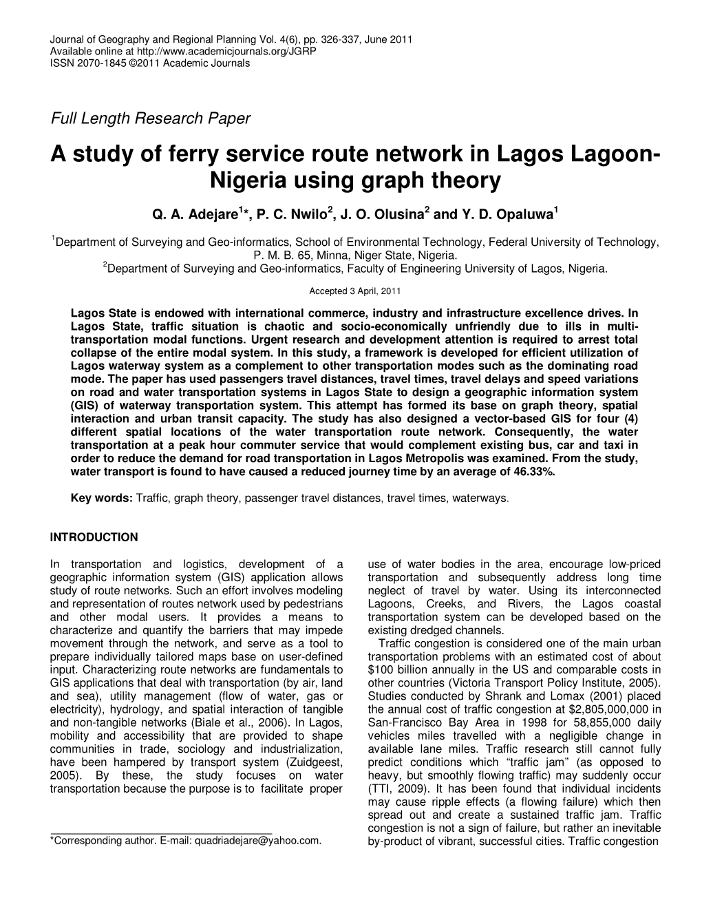 A Study of Ferry Service Route Network in Lagos Lagoon- Nigeria Using Graph Theory