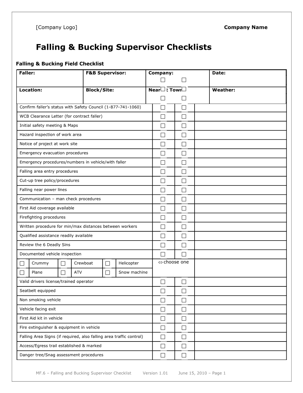 Falling & Bucking Supervisor Checklist