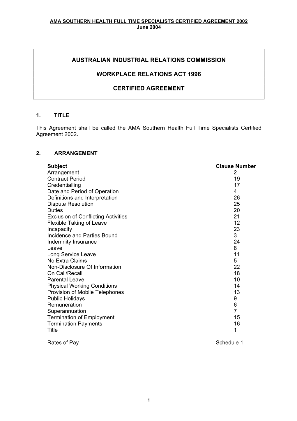 AMA SOUTHERN HEALTH FULL TIME SPECIALISTS CERTIFIED AGREEMENT 2002 June 2004