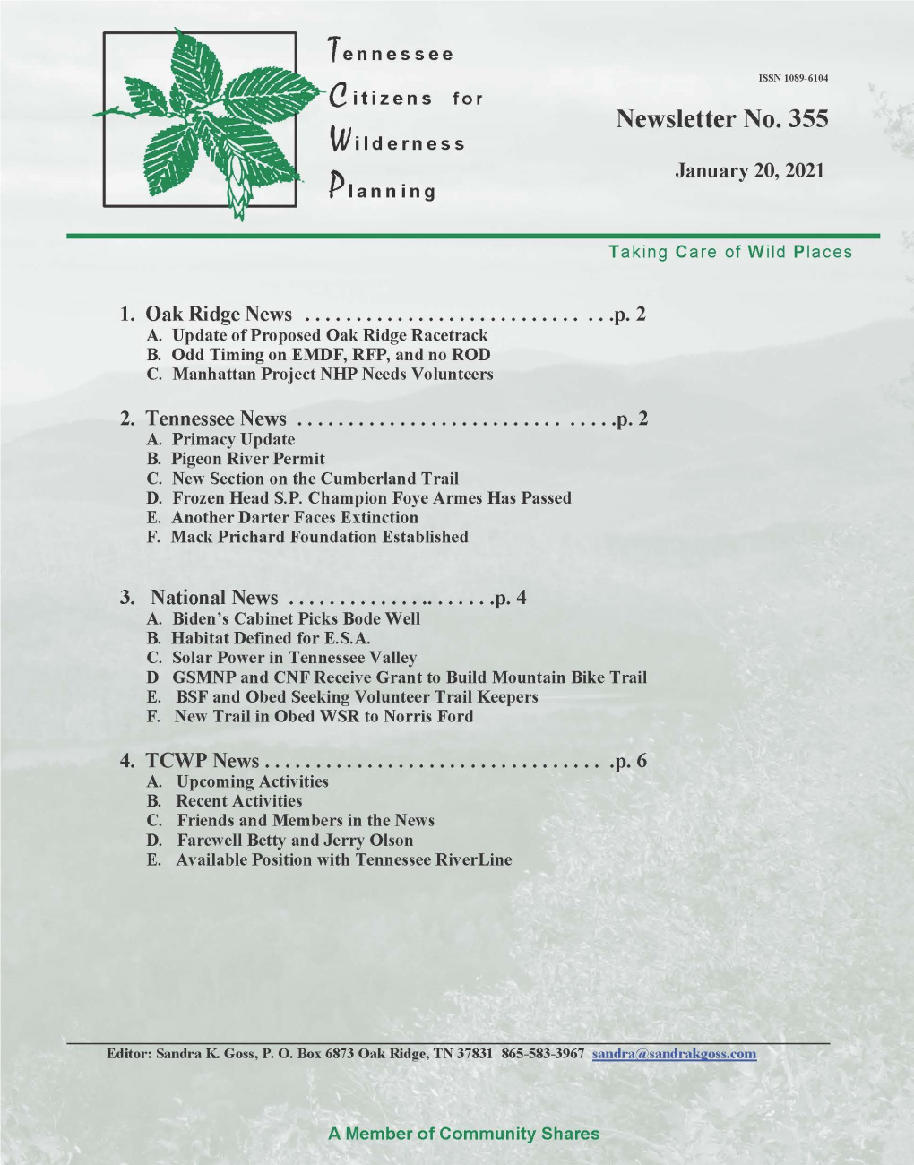 Newsletter No. 355 Wilderness January 20, 2021 Planning